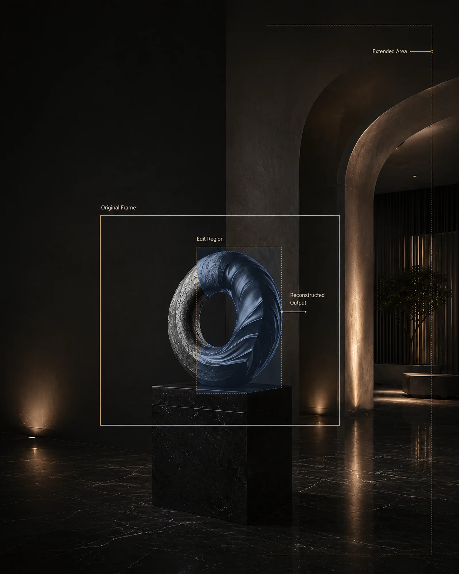 A sculptural object with marked original frame, edit region and reconstructed output